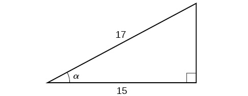 a right triangle with reference angle alpha, a leg of length 15, and the hypotenuse length 17